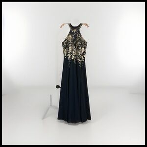 Betsy & Adam Size 14 Navy and Gold Floral Gown